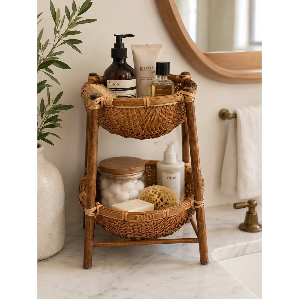 Vintage 2 Tier Woven Bamboo Wicker Basket Natural Boho Countertop Organizer